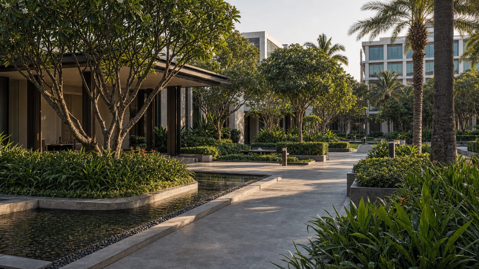 Commercial landscape arrival garden with mature planting, walkways, and polished procurement-ready finish.