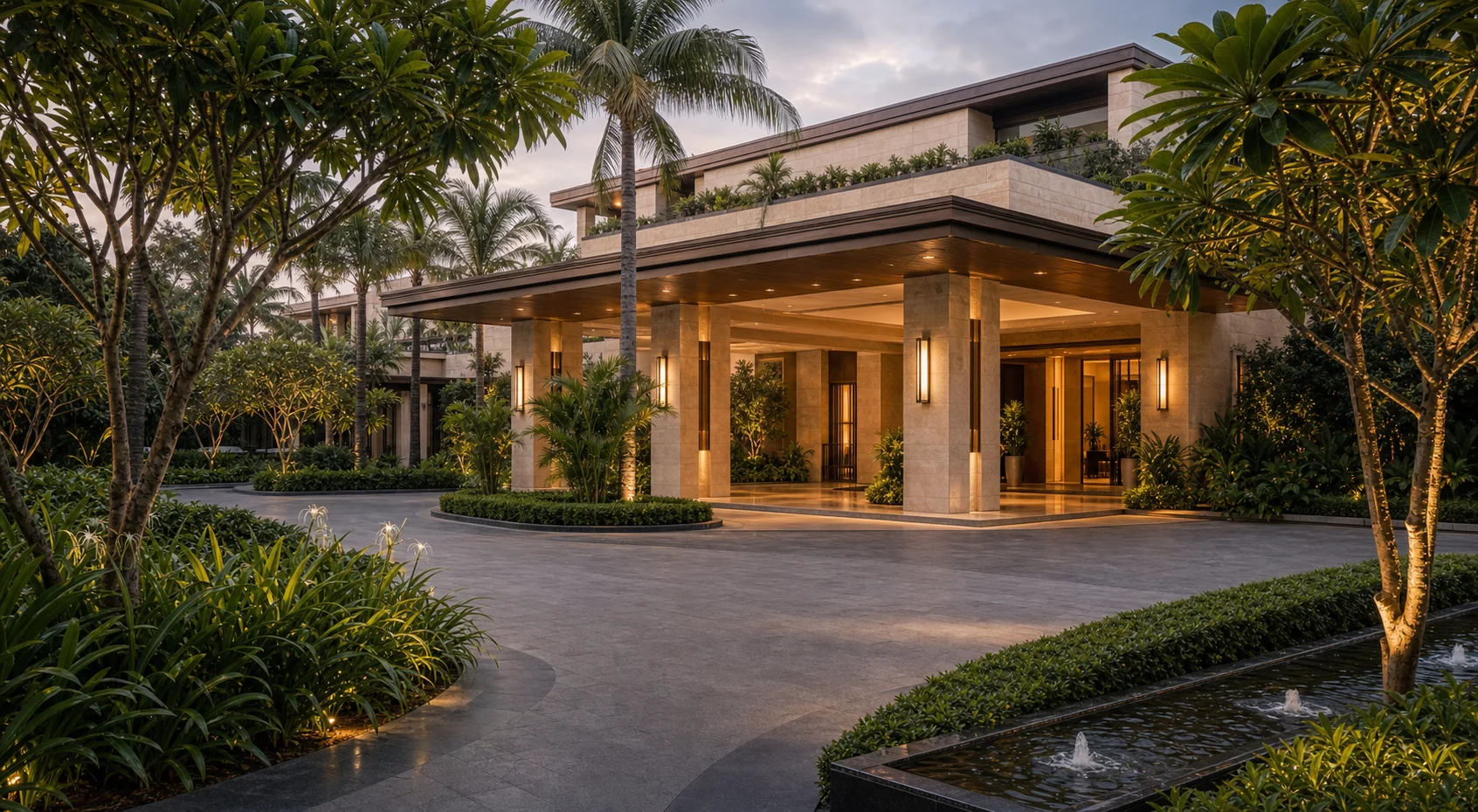 Hotel arrival landscape with palms, layered planting, warm lighting, and premium guest entry experience.