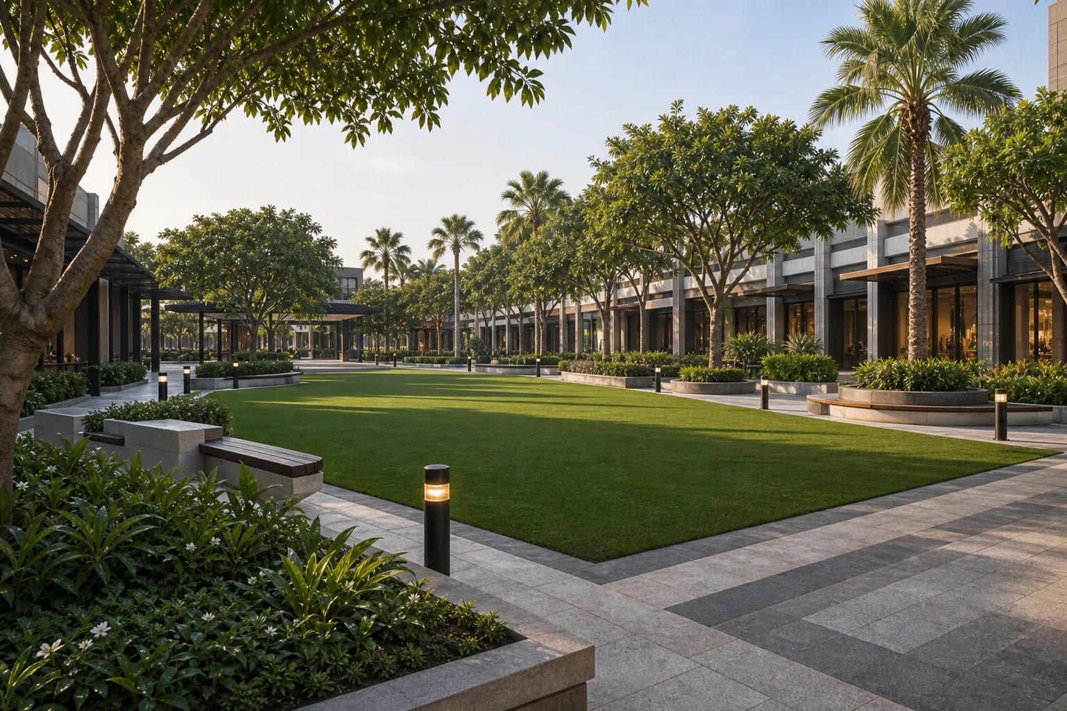 Mall plaza landscape with event turf, palm structure, pedestrian paths, and active public realm planning.