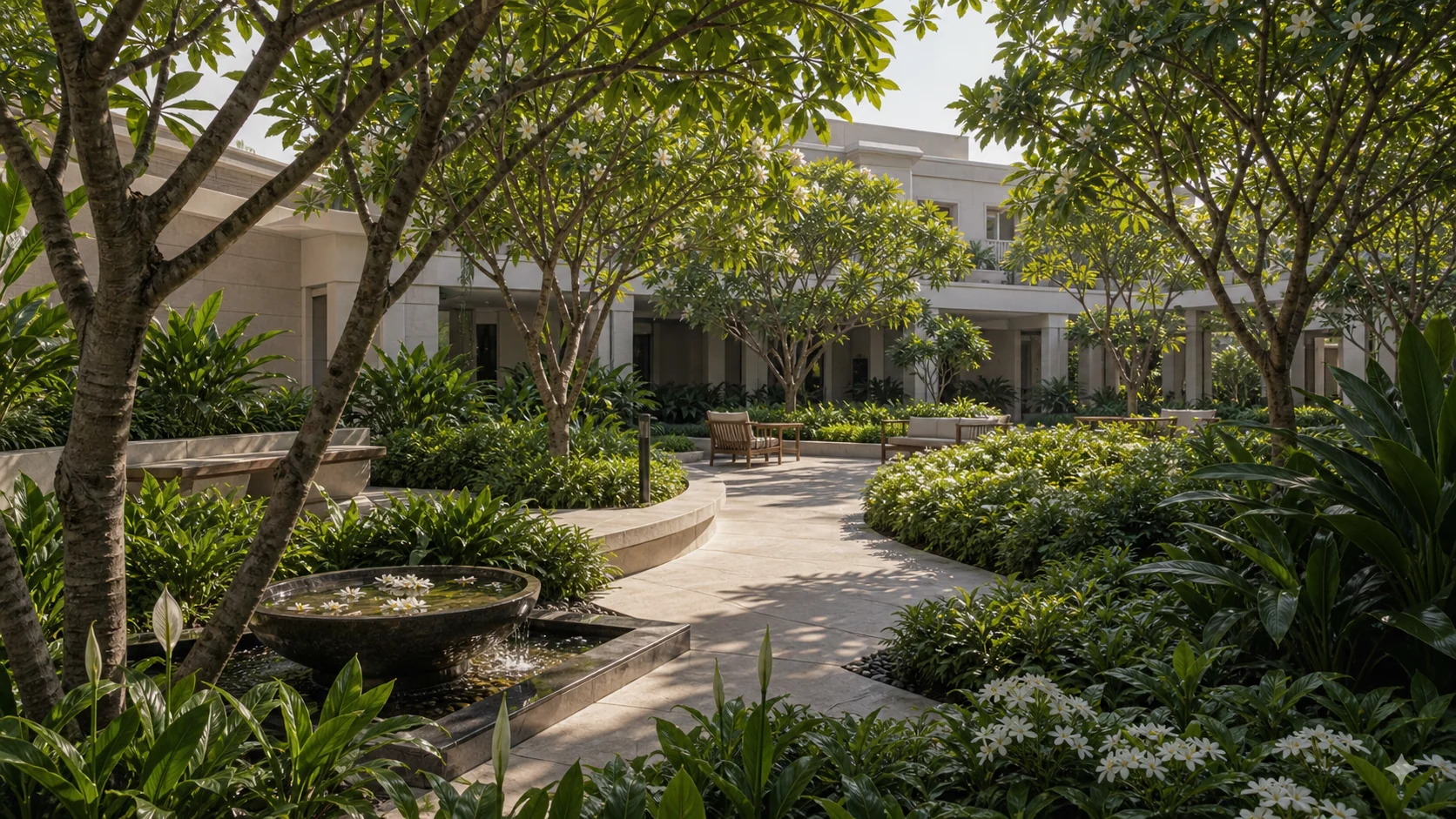 Healing garden courtyard with shaded walks, layered planting, and calm outdoor seating for healthcare landscapes.