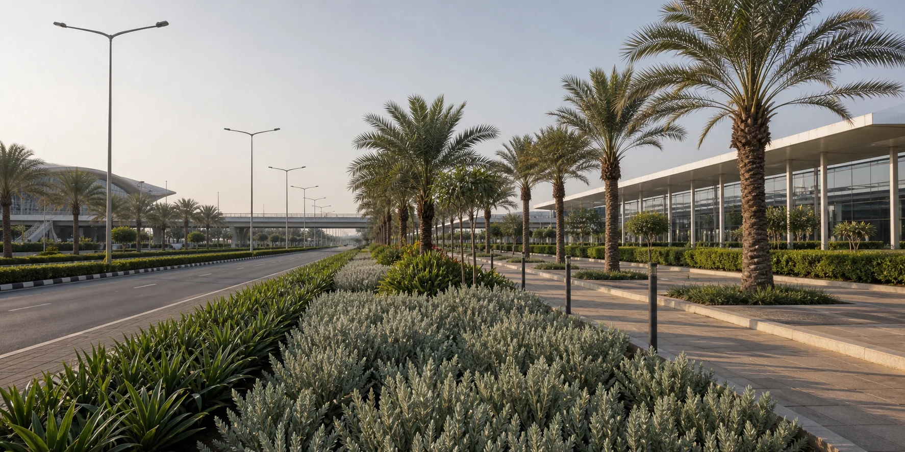 Airport transit landscape corridor with palms, median planting, and durable public-realm hardscape.