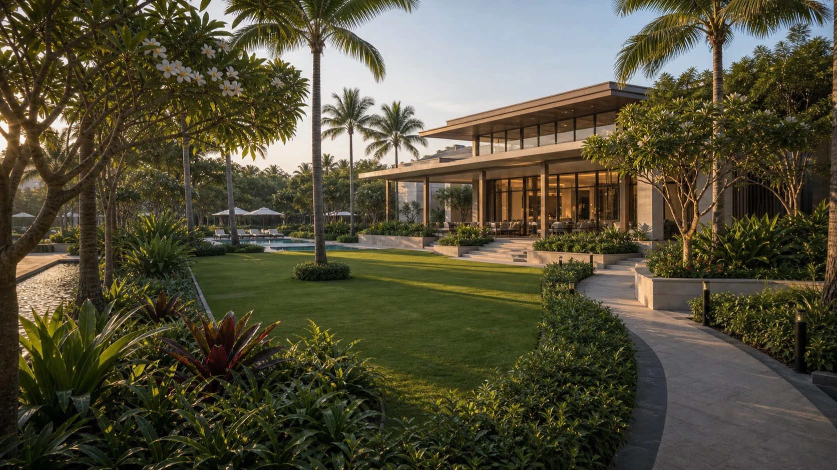 Developer clubhouse landscape with lawn, palms, and premium arrival garden for residential amenity planning.