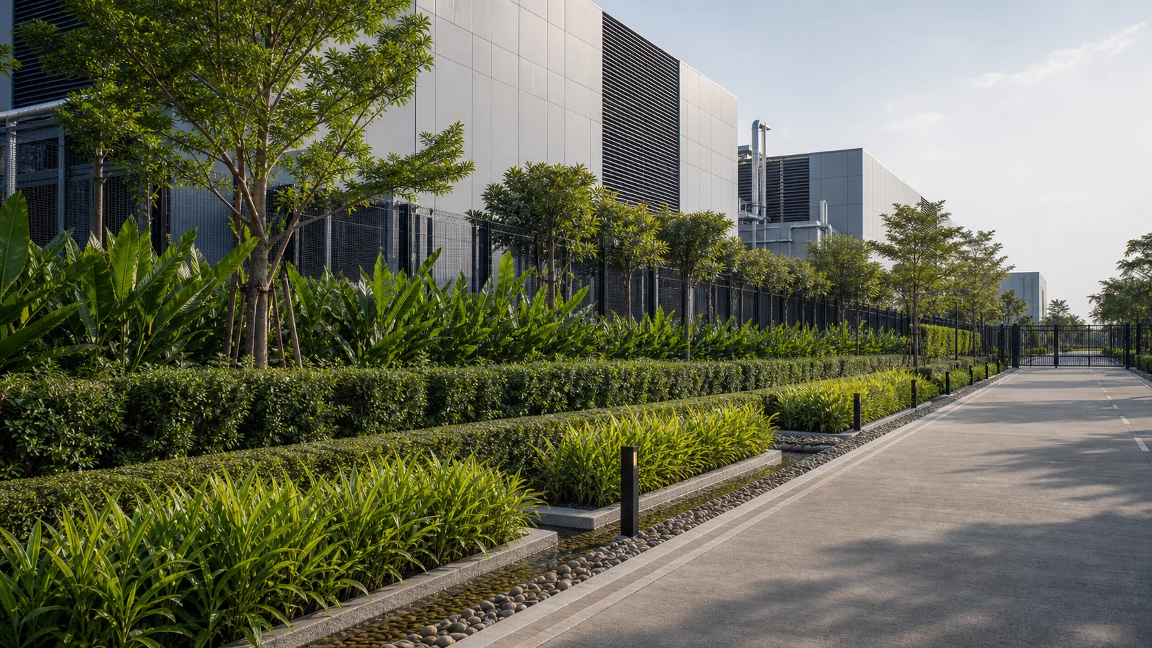 Data center and tech park landscape screening with resilient planting, clear service access, and commercial frontage.