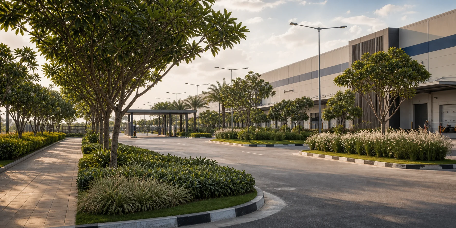 Warehouse and logistics entrance landscape with linear planting, shade trees, and low-maintenance frontage.