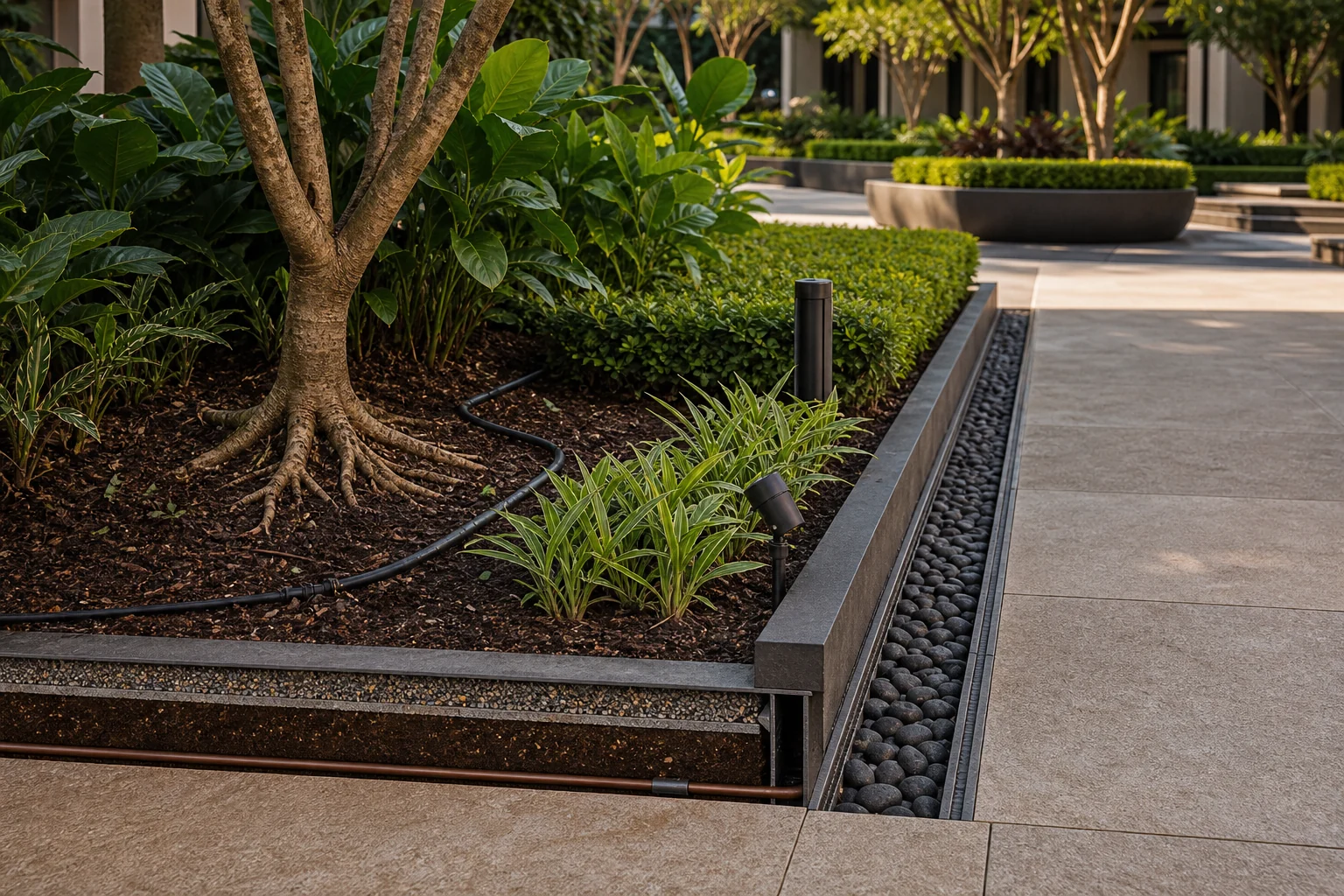 Commercial landscape detail with tree pit, paving, and planting layers for cost and BOQ planning discussions.