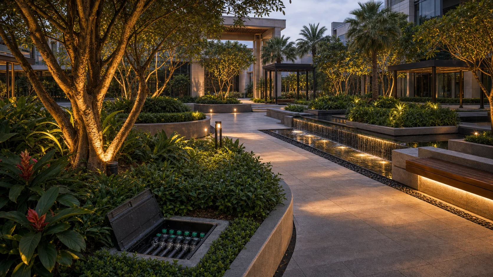 Commercial landscape with water feature, lighting, and planting representing integrated service scope.