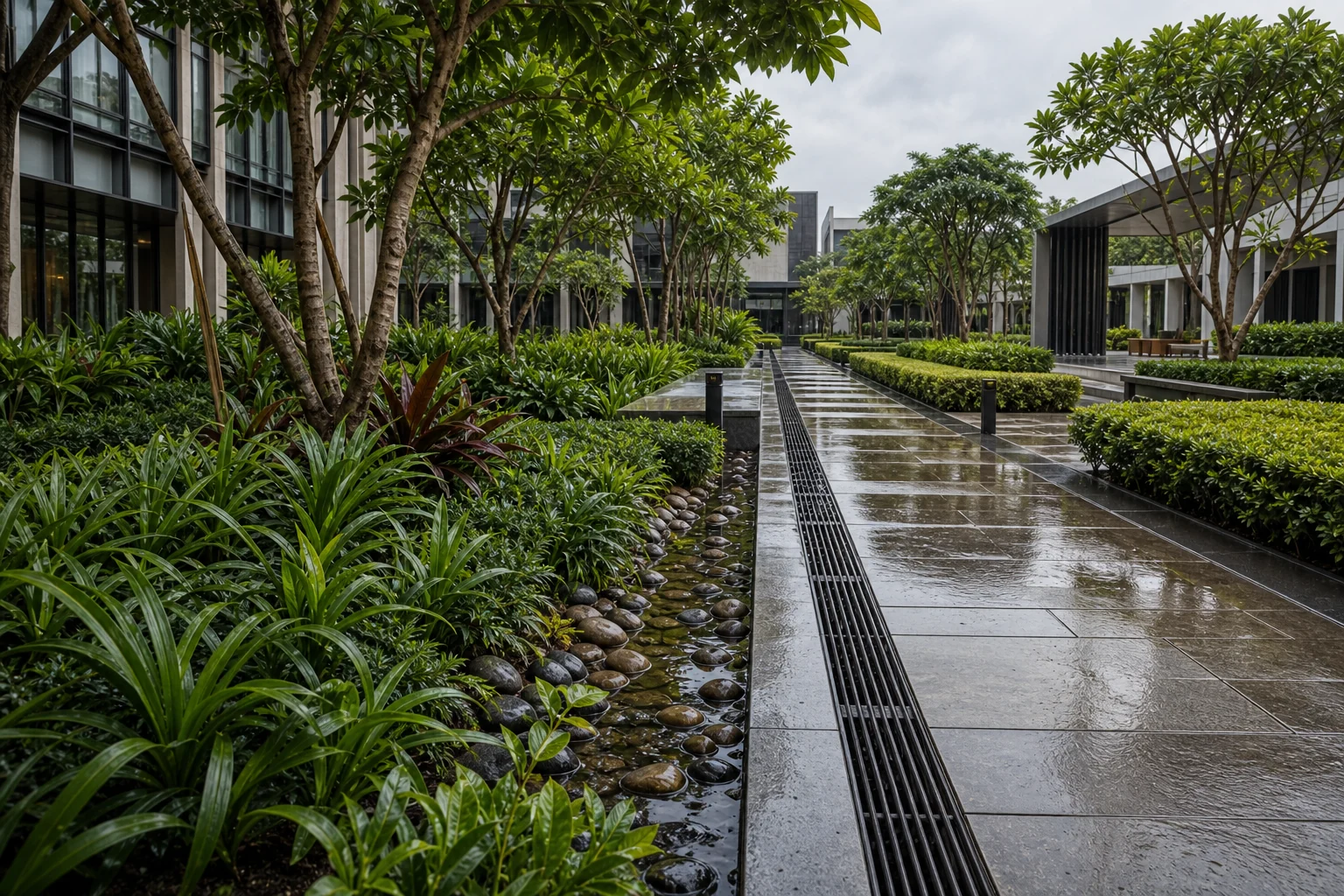 Seasonal monsoon-ready landscape with wet walkway, drainage-aware planting, and lush commercial greenery.