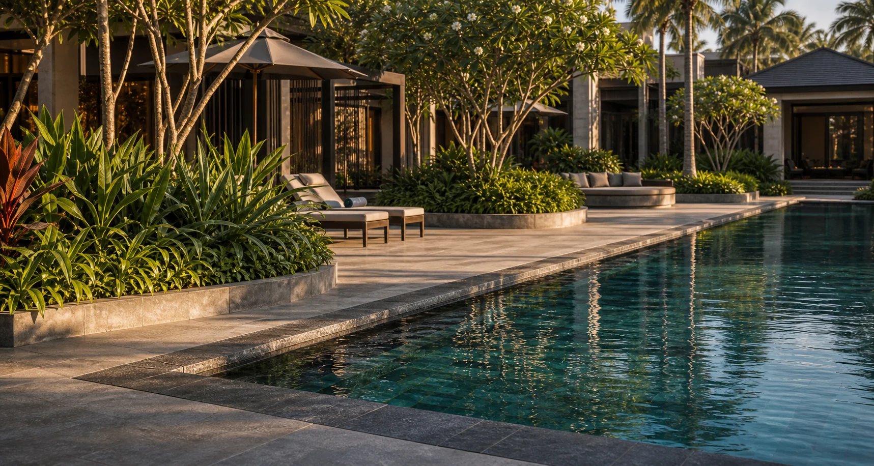 Hotel landscape with pool deck, palms, layered planting, and premium hospitality outdoor character.