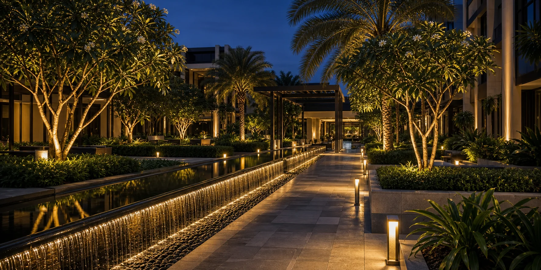 Hotel garden walkway with water feature lighting, palms, and refined evening guest circulation.