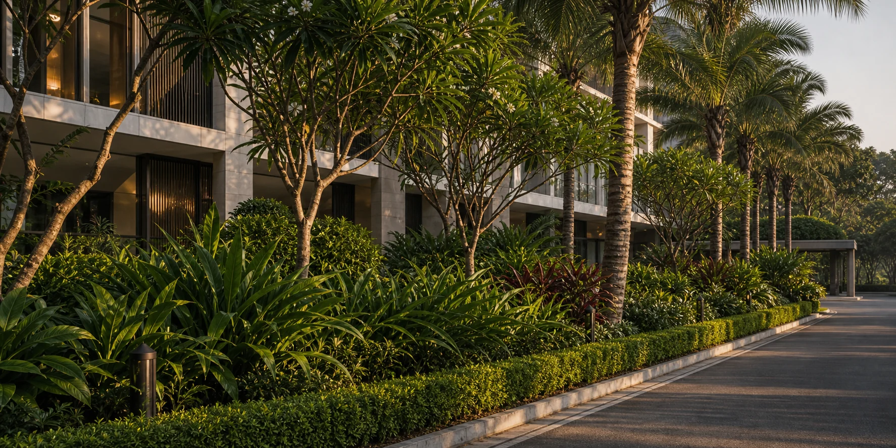 Hotel arrival garden with tropical planting, shaded paths, and premium hospitality architecture context.
