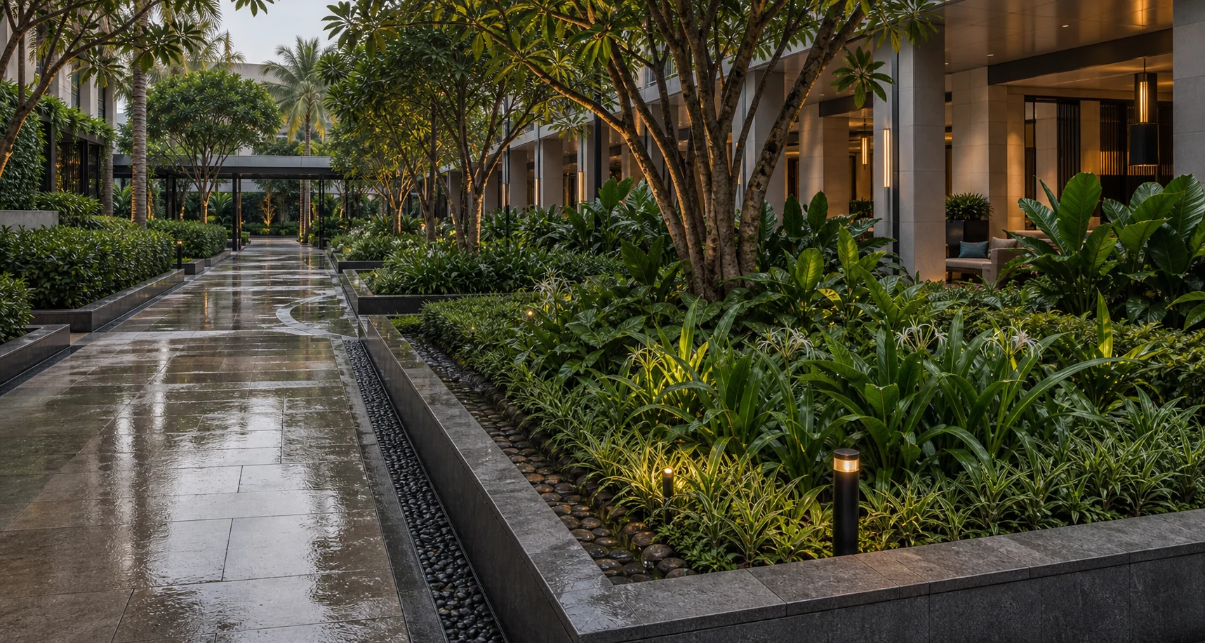 Hotel courtyard path with lush planting, wet paving, and guest-friendly tropical garden atmosphere.