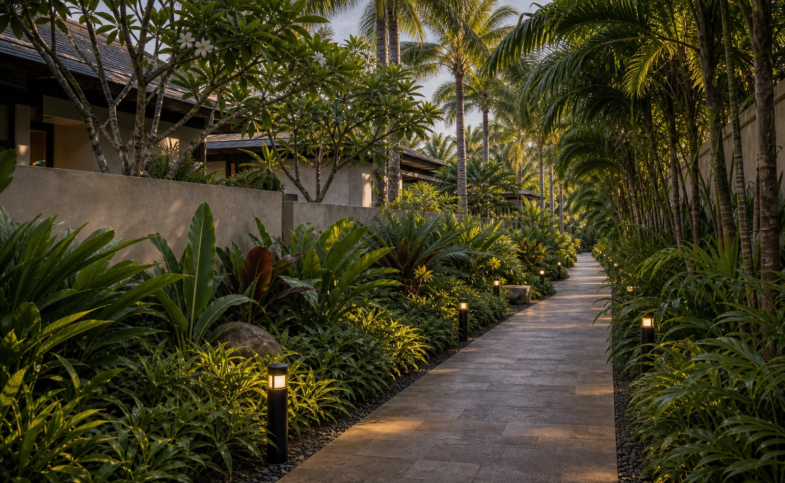 Luxury resort garden path with dense tropical planting, palms, and secluded guest circulation.