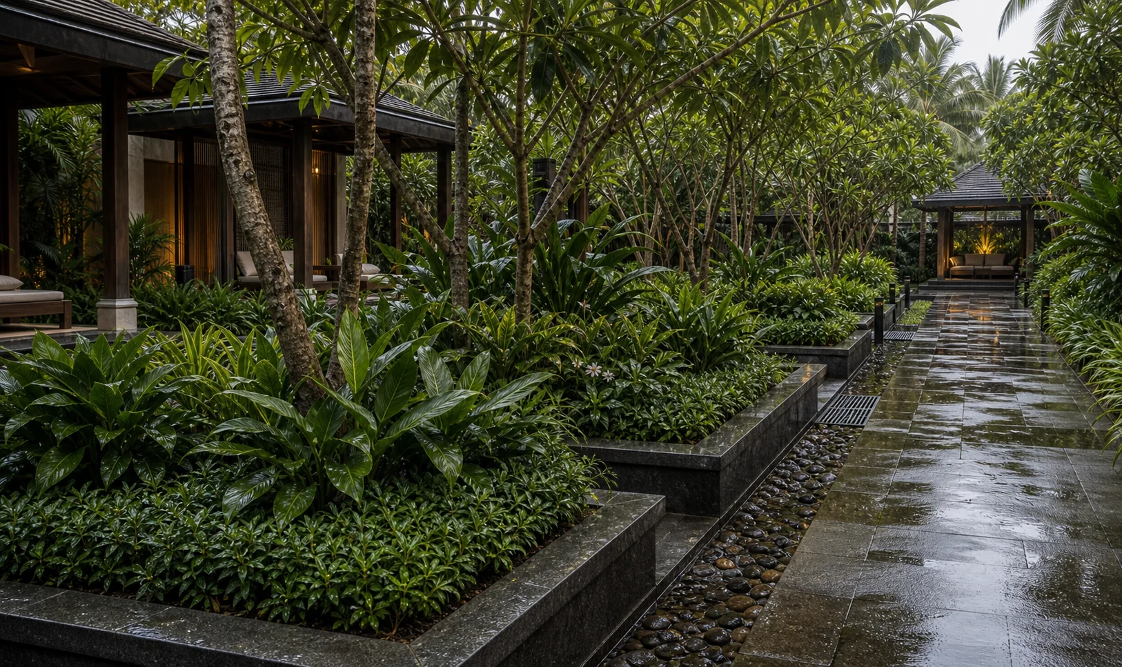 Resort landscape path with palms, lush foliage, and rain-fresh paving for spa and guest areas.