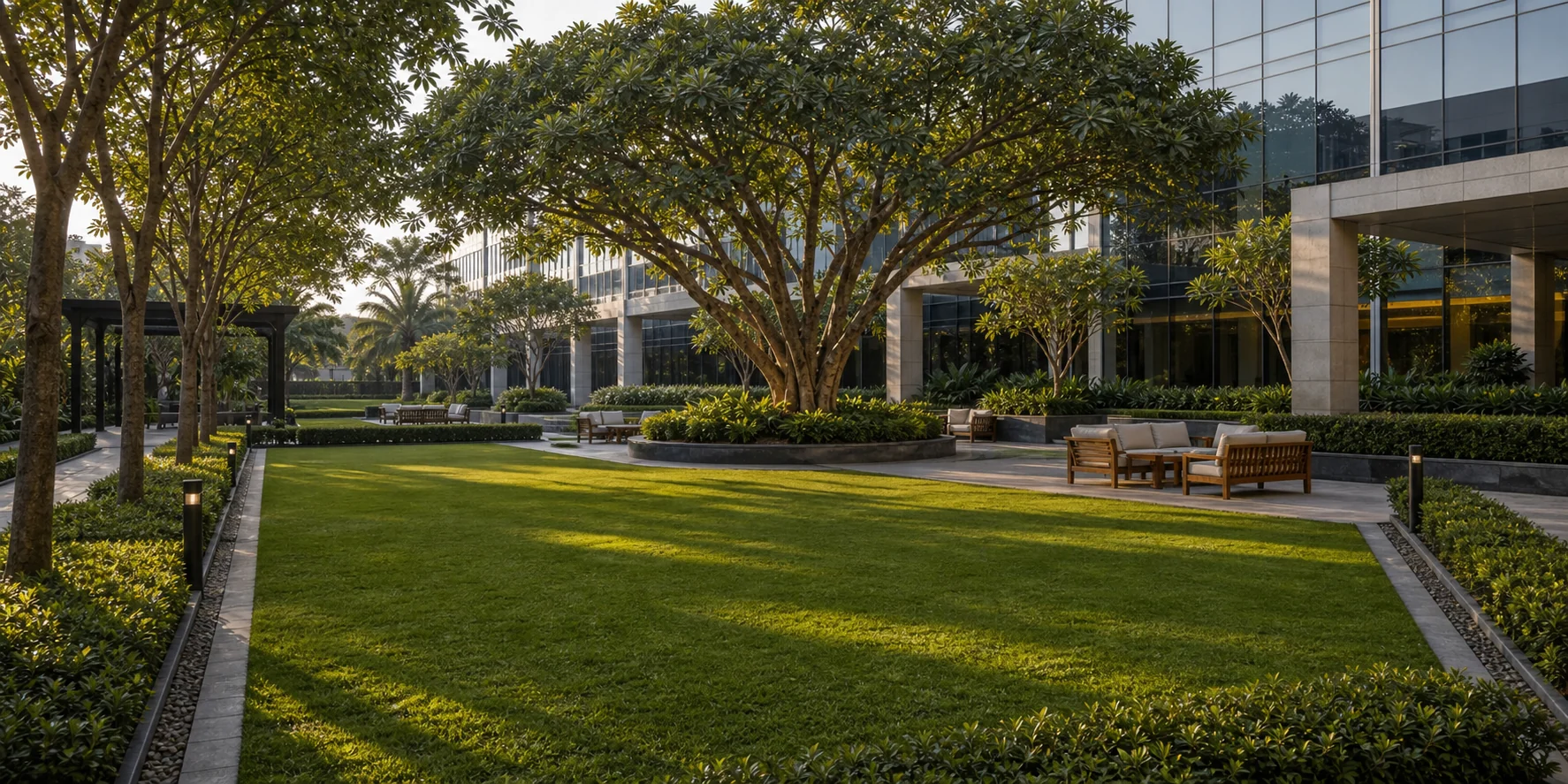 Corporate campus lawn with shaded workplace landscape, tree canopy, and clean pedestrian circulation.