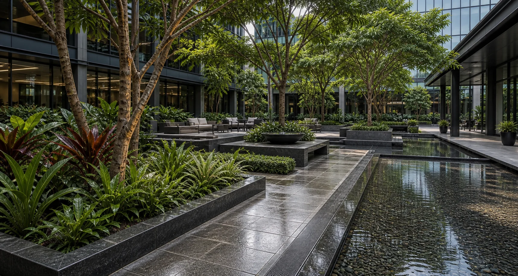 Corporate campus rain garden walkway with layered planting, wet paving, and resilient landscape drainage.