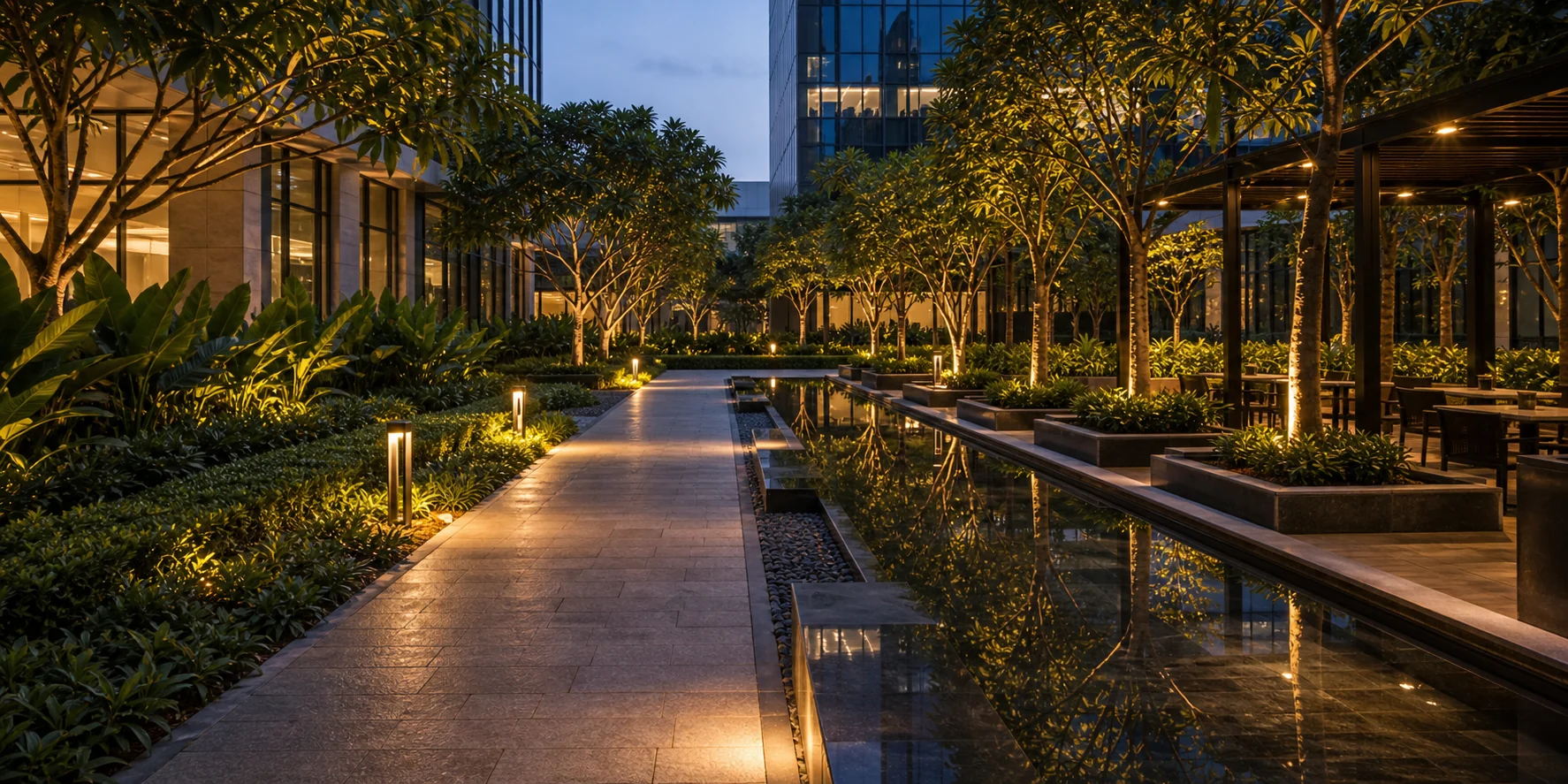 Corporate evening landscape with lit walkway, tree canopy, and premium workplace arrival atmosphere.