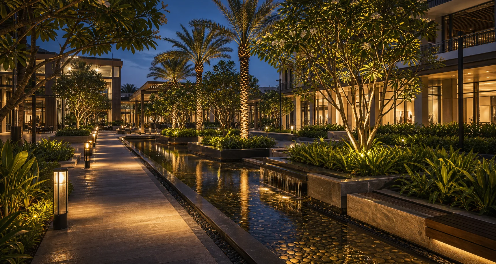 Mall landscape promenade with planted water channel, shade trees, and durable retail public realm.