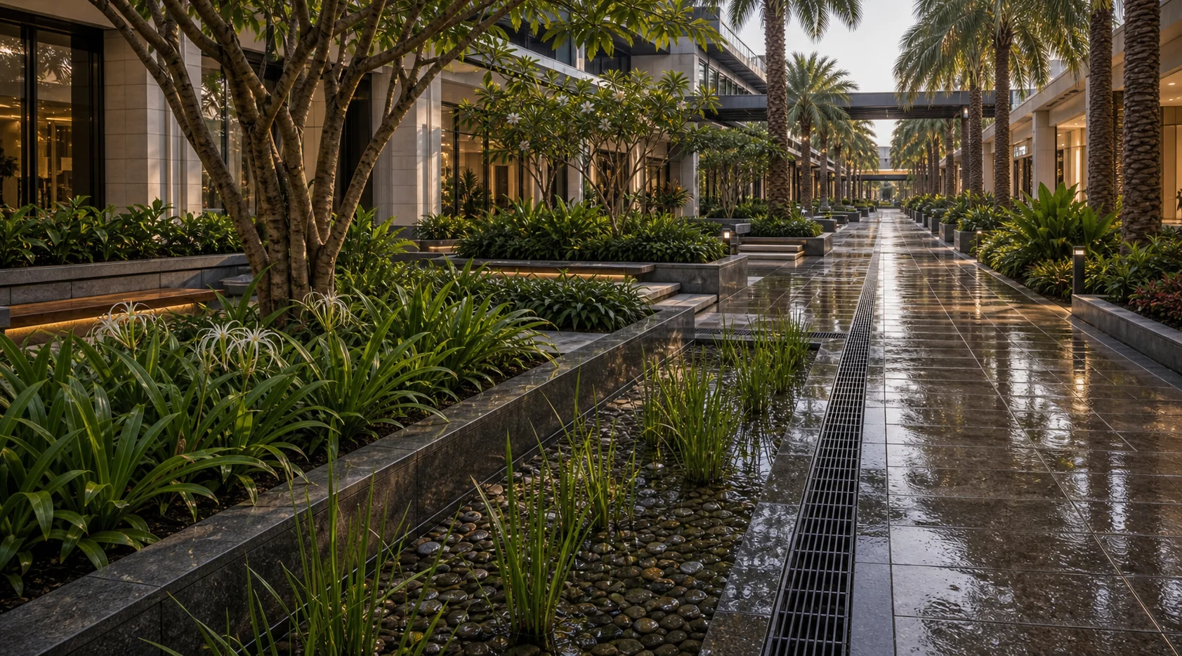 Mall rain garden walkway with lush planting, wet paving, and maintainable retail landscape frontage.