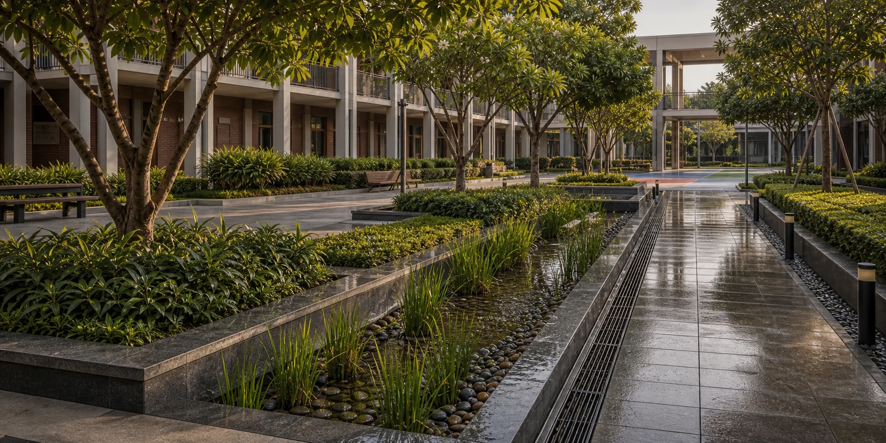School campus landscape with shaded lawn, tree canopy, and safe pedestrian walkways.