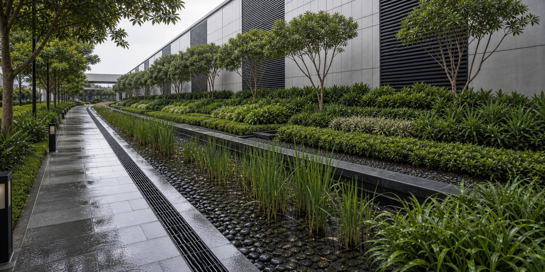 Campus plaza with unit paving, drainage falls, and clean joint lines on commercial hardscape.