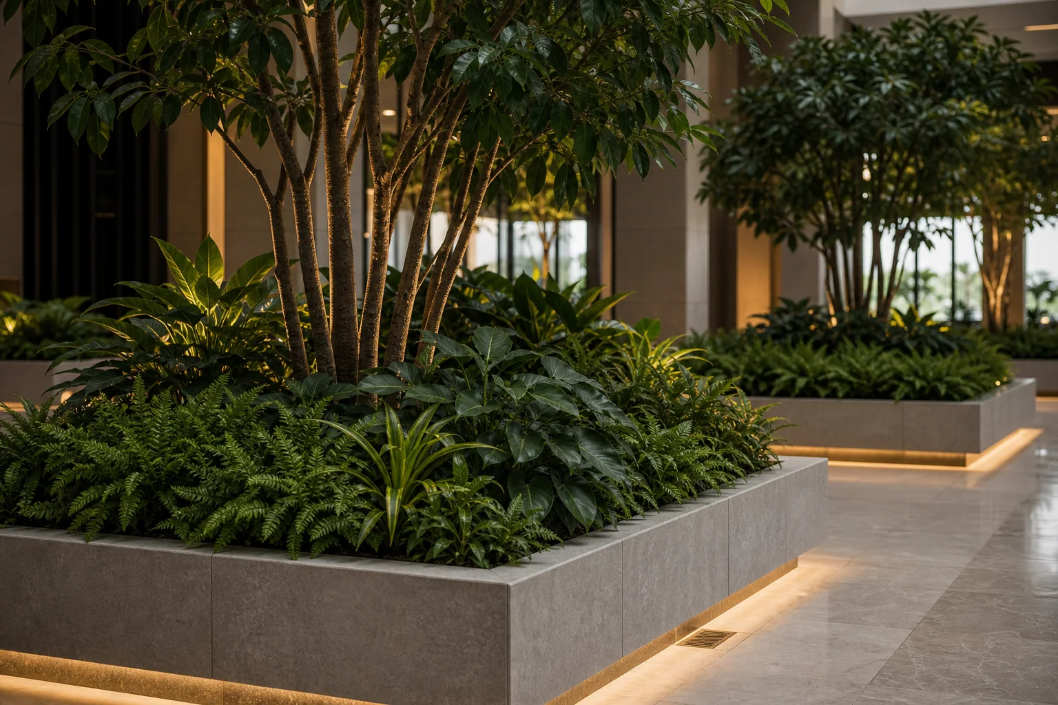 Office lobby indoor planting with tropical foliage clusters, floor planters, and high-visibility commercial interior character.