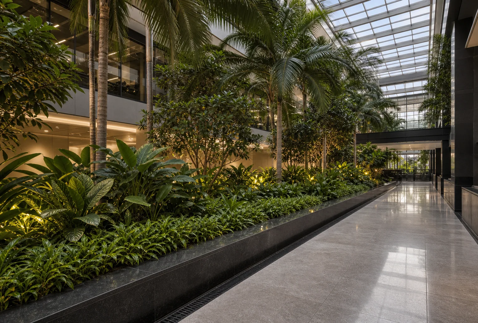 Linear planter run defining circulation in an open-plan corporate office with low-light-tolerant interior species.