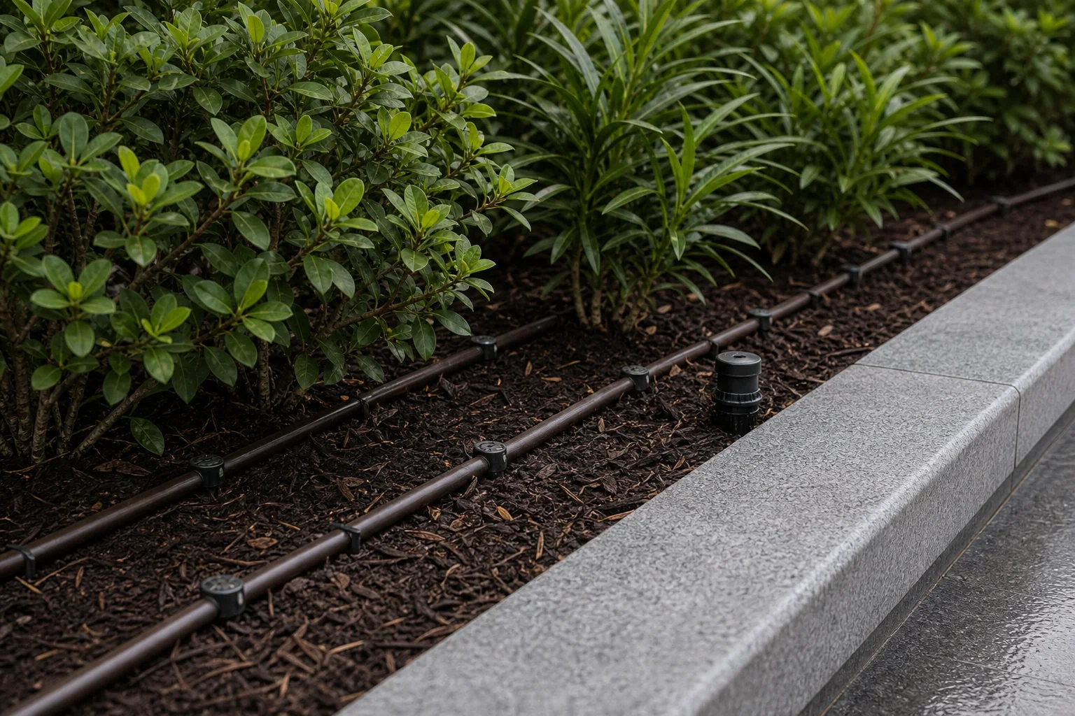 Commercial garden path with uplighted palms and landscape lighting along planting beds.