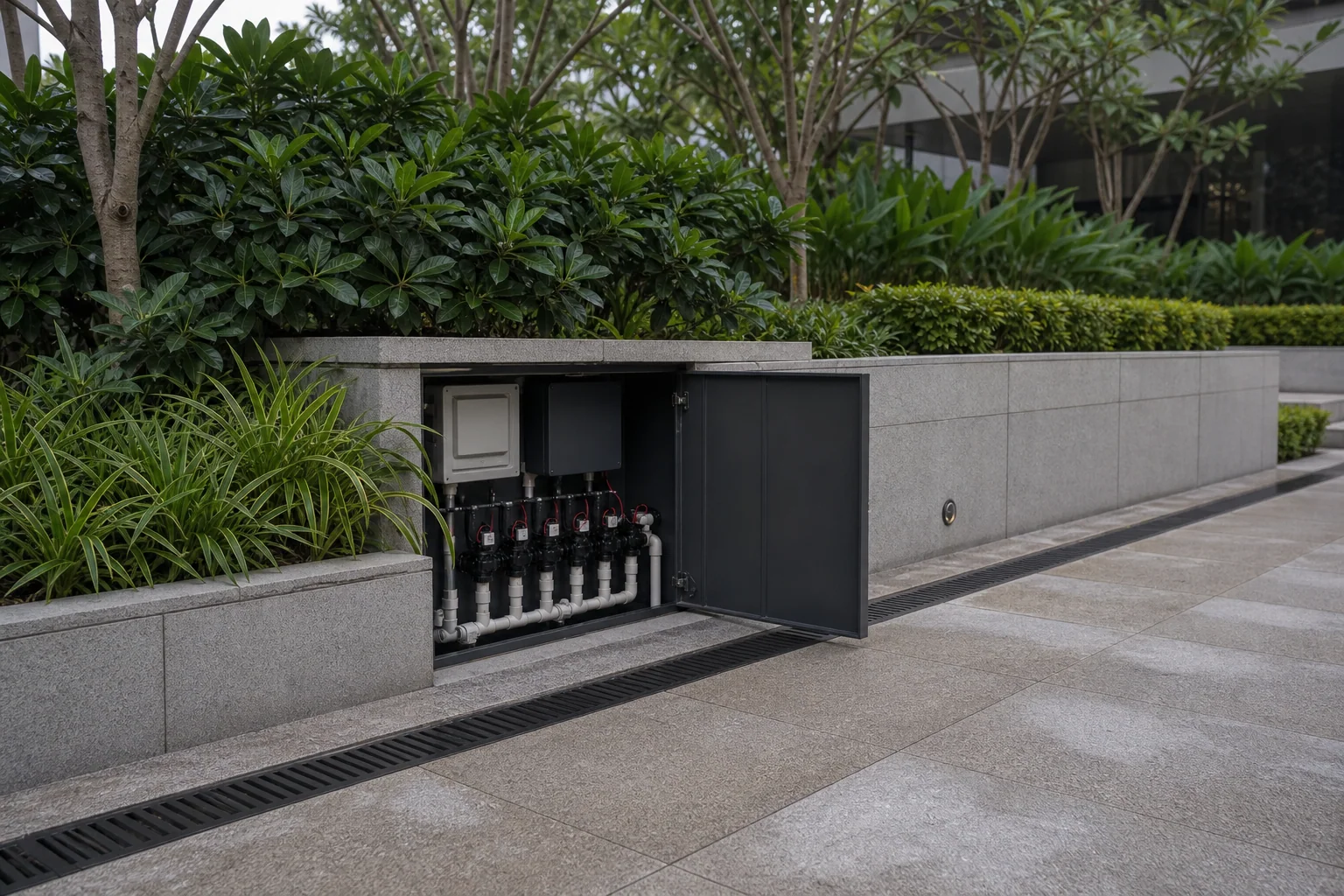 Commercial planting bed with drip emitter grid, steel edging, and layered shrubs on a podium.