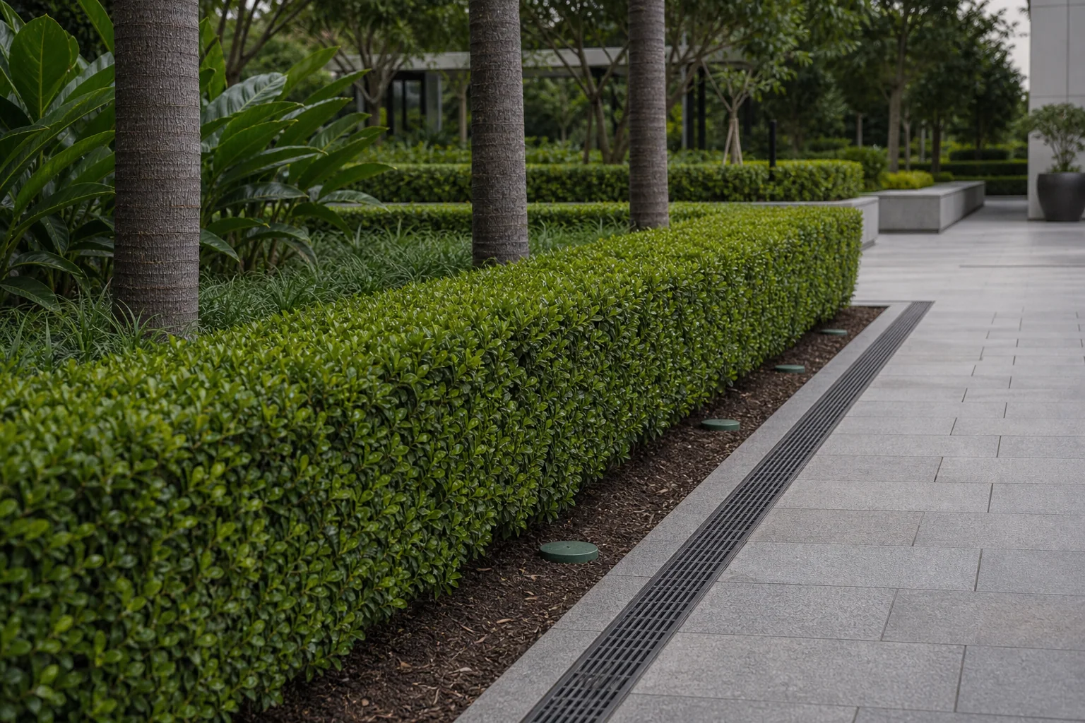 Scheduled pruning and shrub bed upkeep on a maintained hotel landscape.