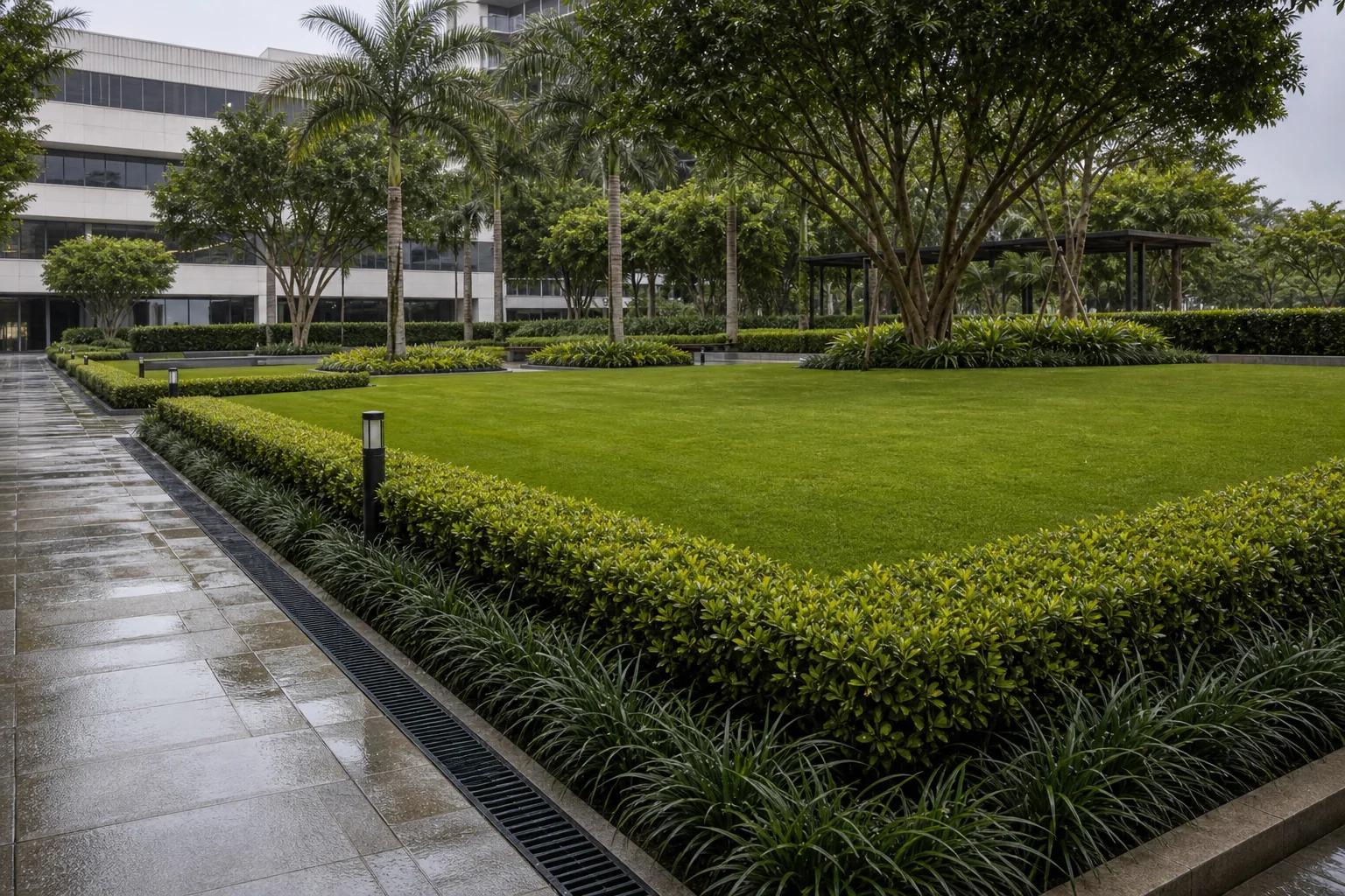 Irrigation valve check and turf care on a corporate green belt.