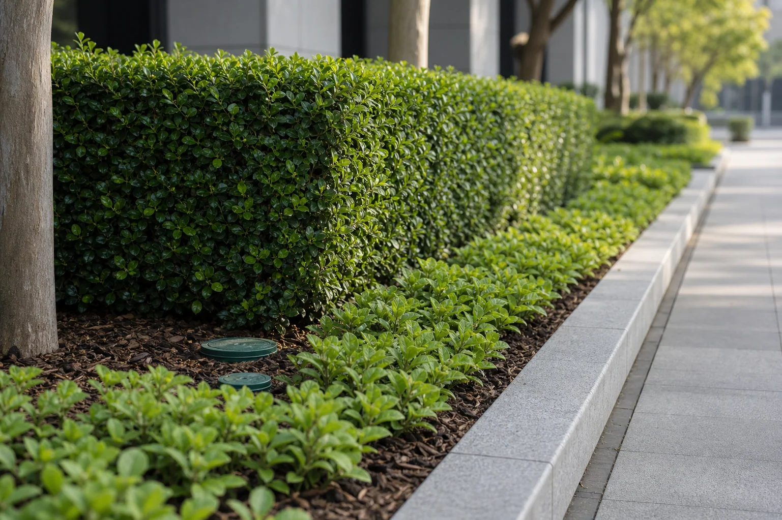 Tree canopy pruning and mulched planting beds on an institutional campus.