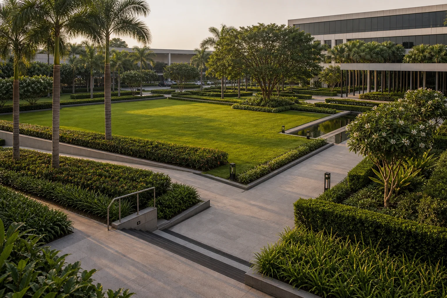 Evening landscape upkeep with trimmed planting and path lighting on a commercial site.