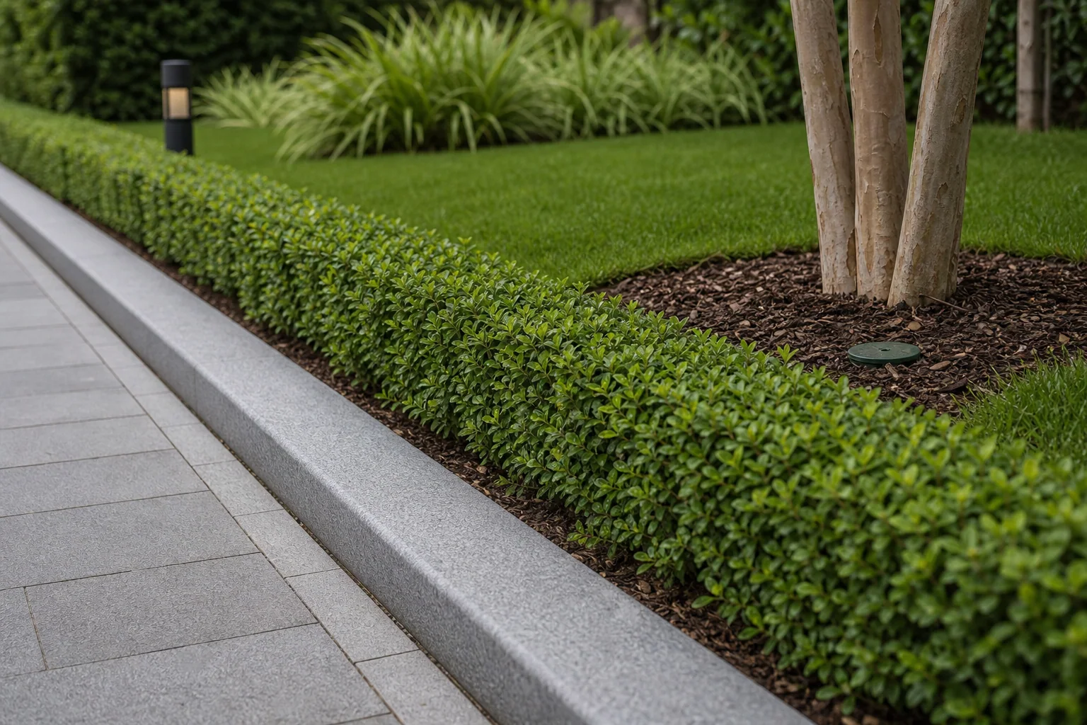 Industrial estate perimeter green belt maintenance with linear planting and access paths.
