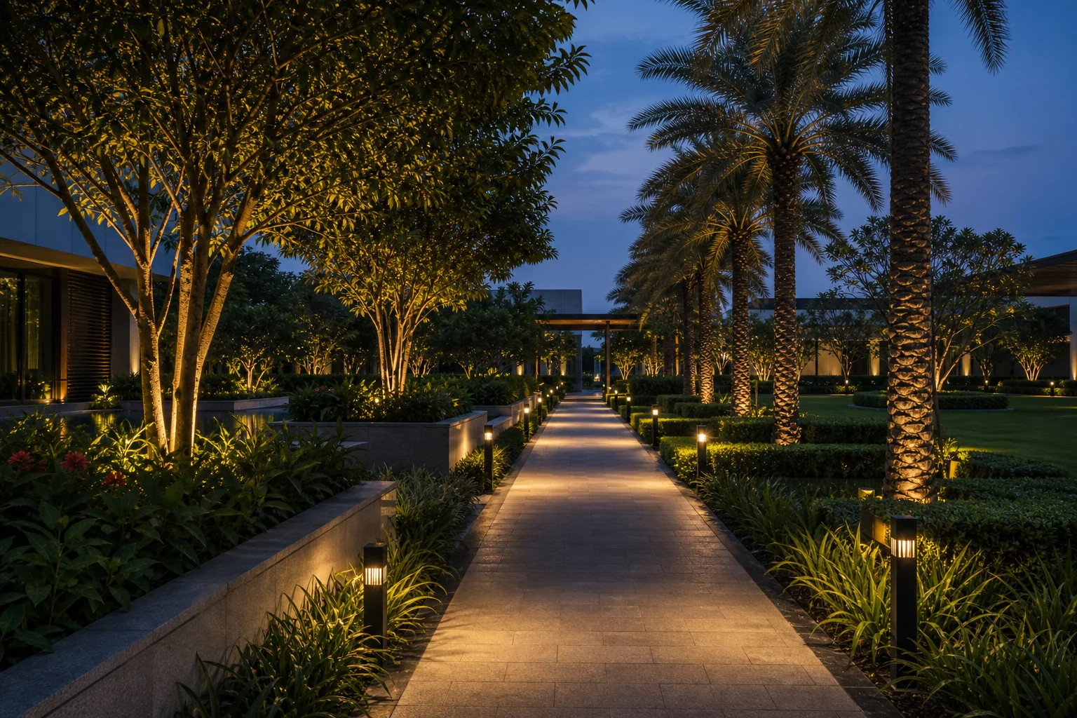 Inground landscape lighting at a paved commercial courtyard with graded accent illumination.