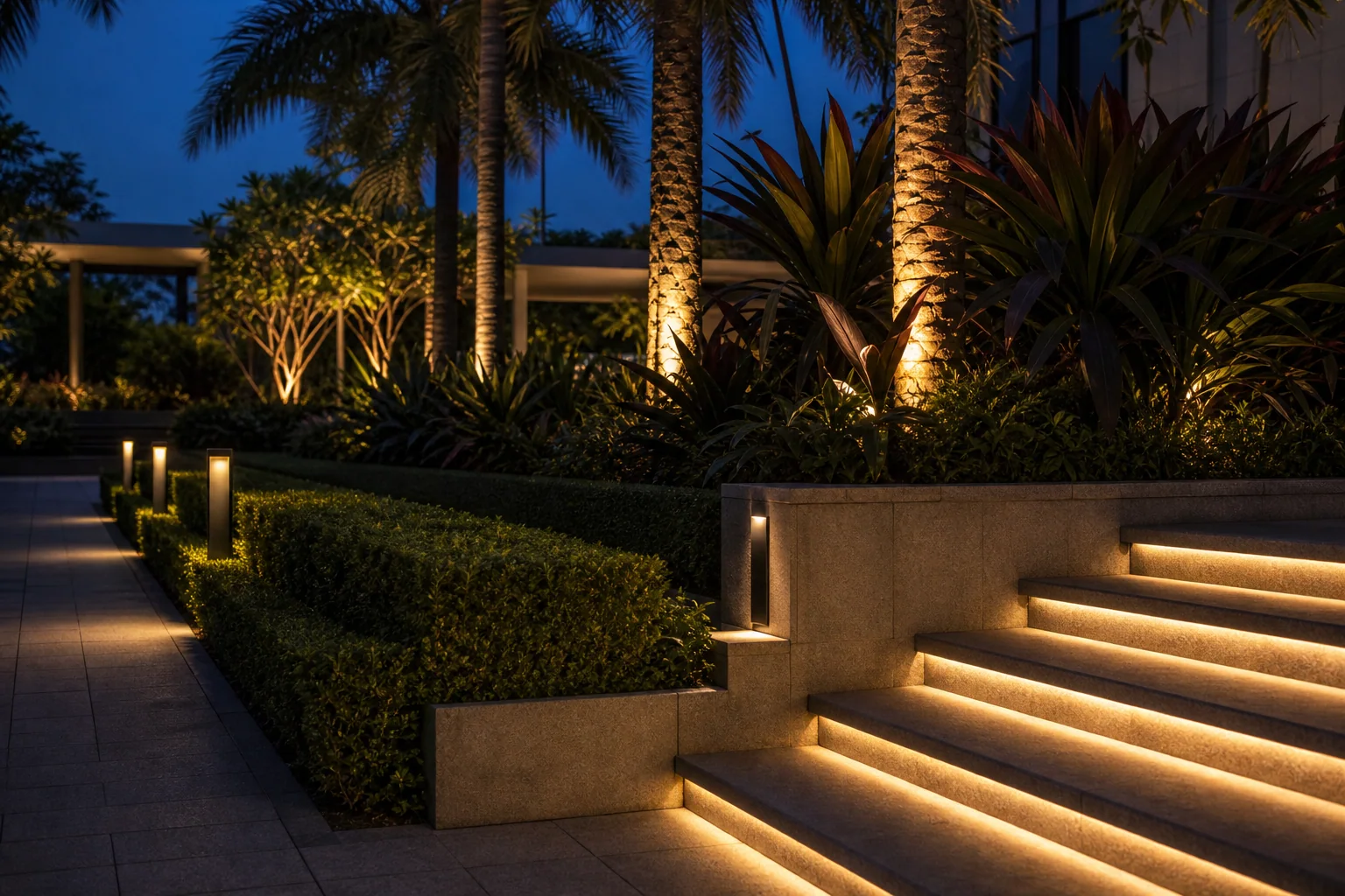 Feature lighting around a commercial water feature with controlled spill and warm accent wash.