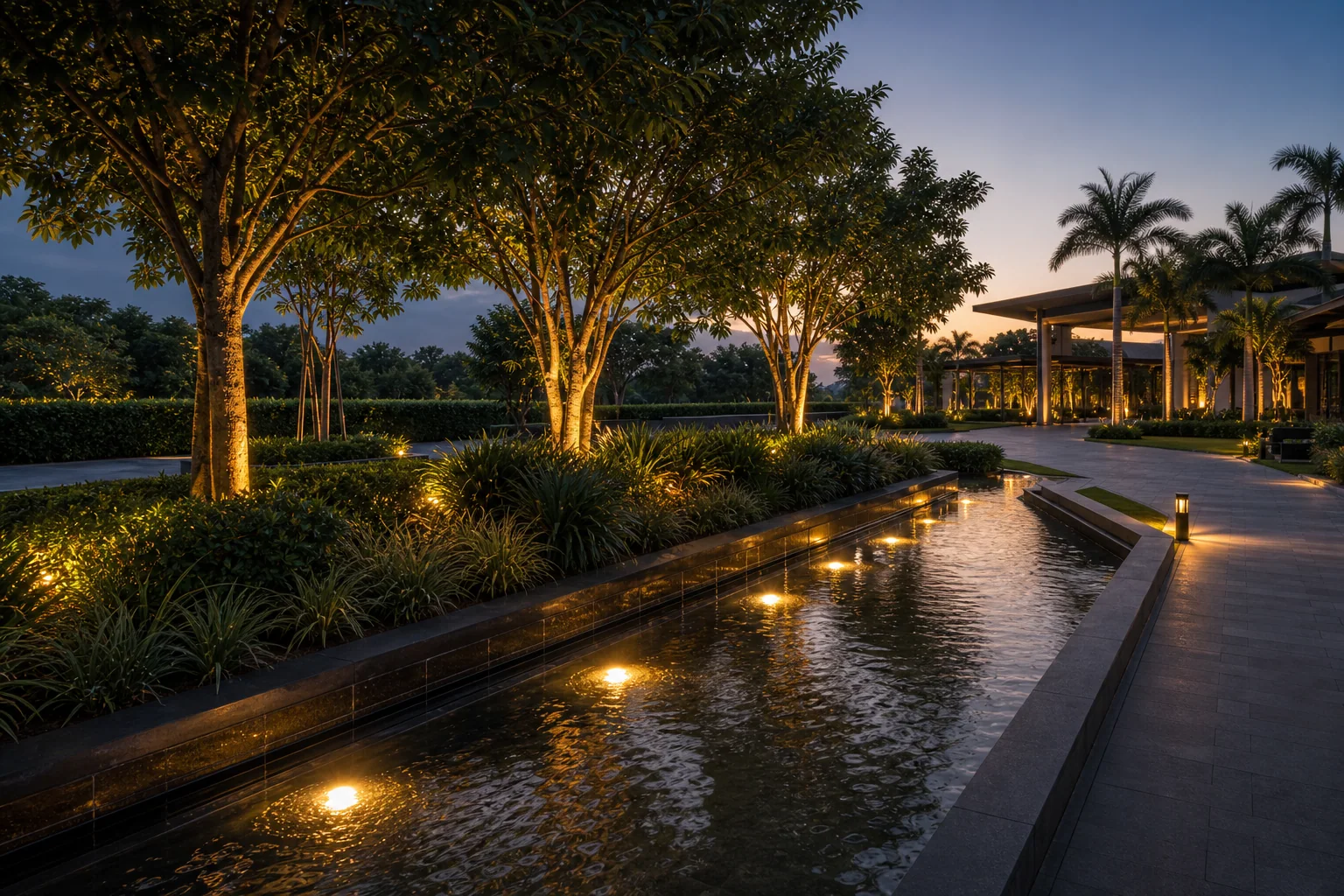 Path and accent lighting across a corporate campus landscape with bollard rhythm at twilight.