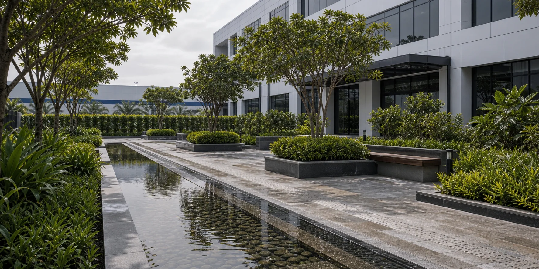 Crisp commercial hedge line with maintained shrubs forming a softscape perimeter edge.