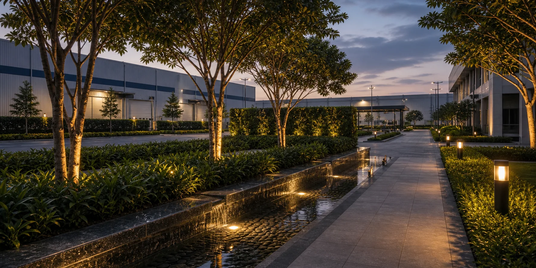 Dusk garden path with stone paving, uplighted palms, and layered commercial softscape planting.