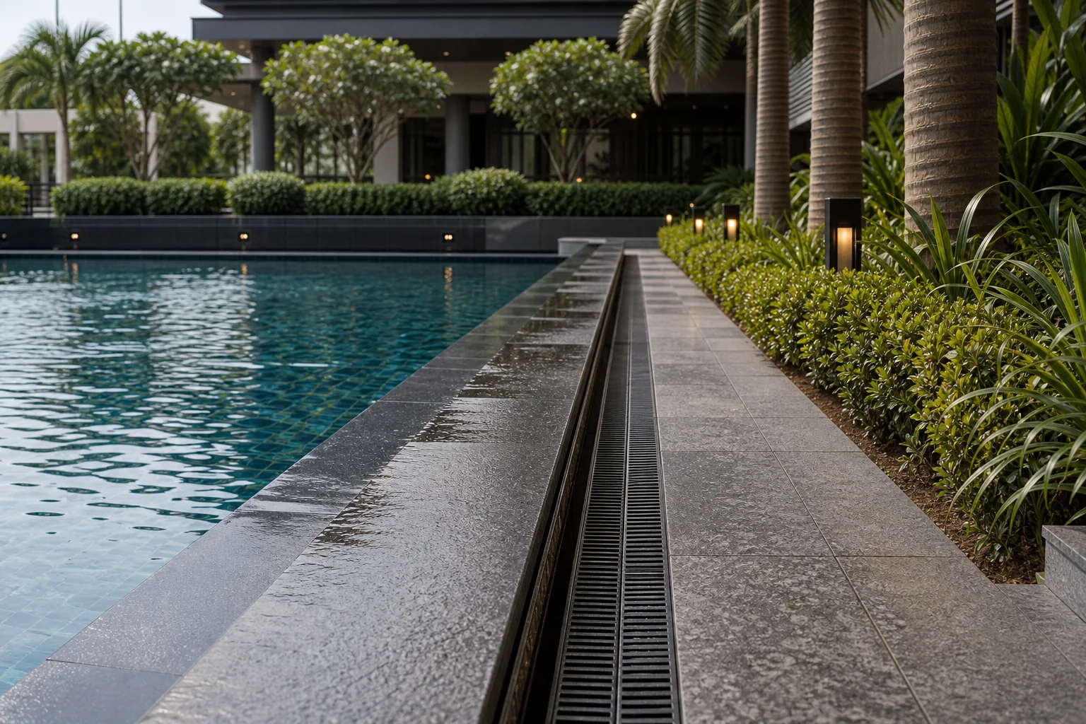 Irrigation valve box and drip layout coordinated beside a commercial pool landscape zone.
