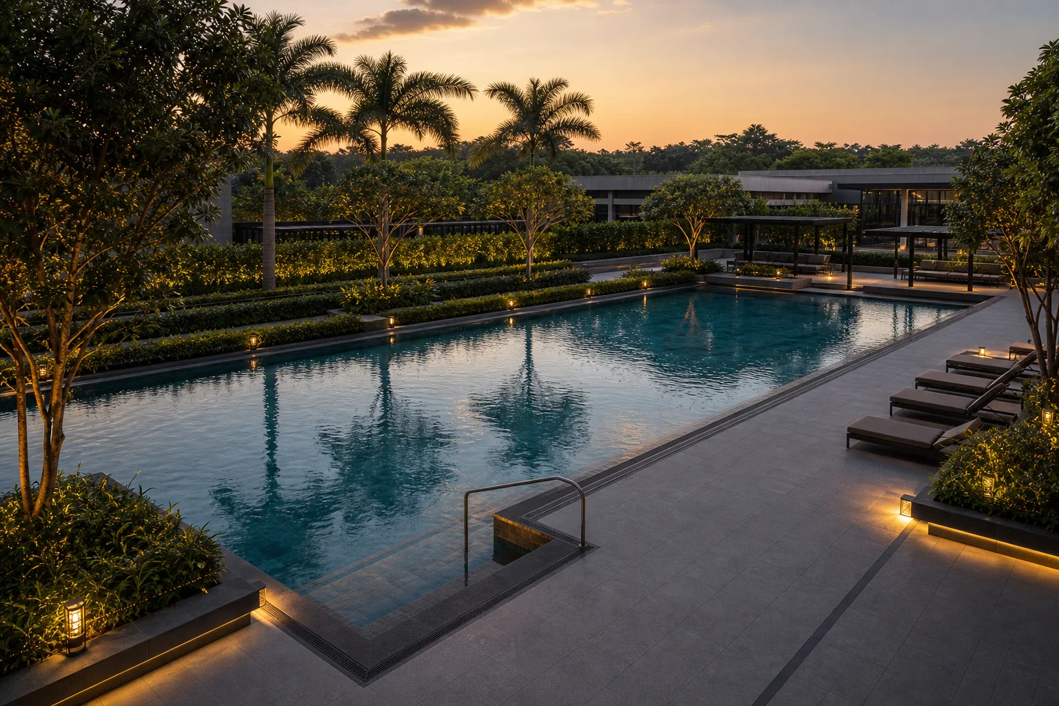 Illuminated garden path and deck lighting at dusk beside a commercial pool landscape.