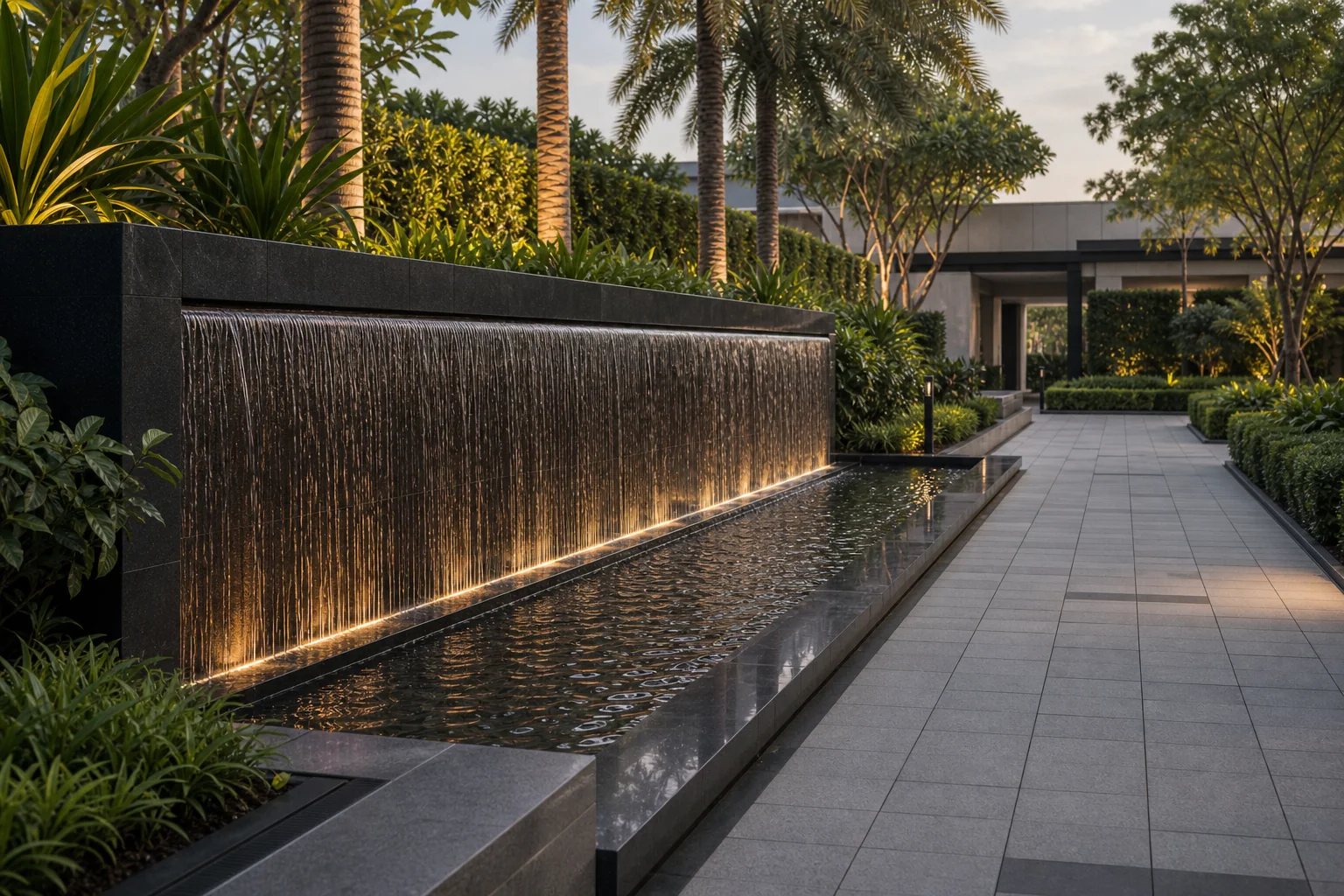Commercial reflecting pool with stone paving, planted edges, and calm water surface at a hotel arrival court.