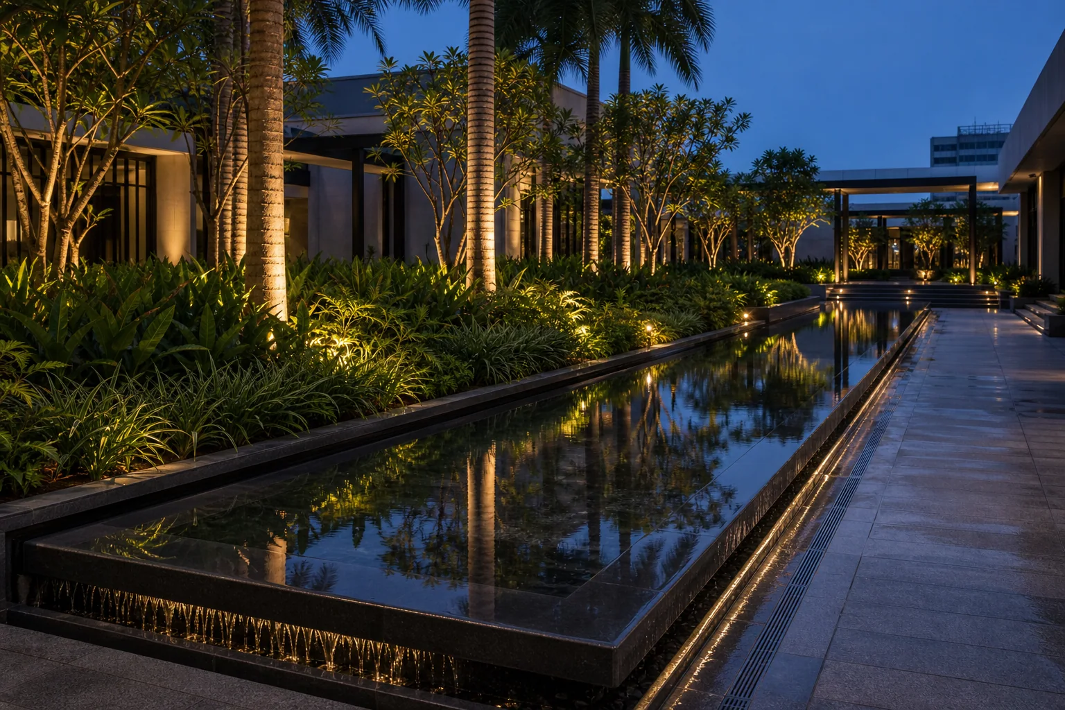 Vertical sheet-fall water wall with dark stone cladding and layered planting at a commercial courtyard.