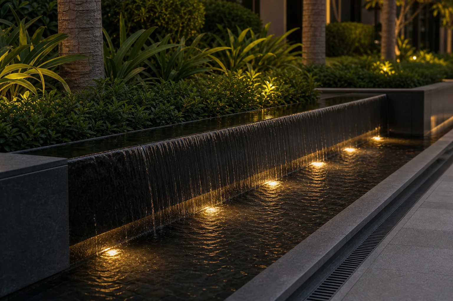 Plaza fountain jets with paved surround, seating edges, and commercial landscape planting.