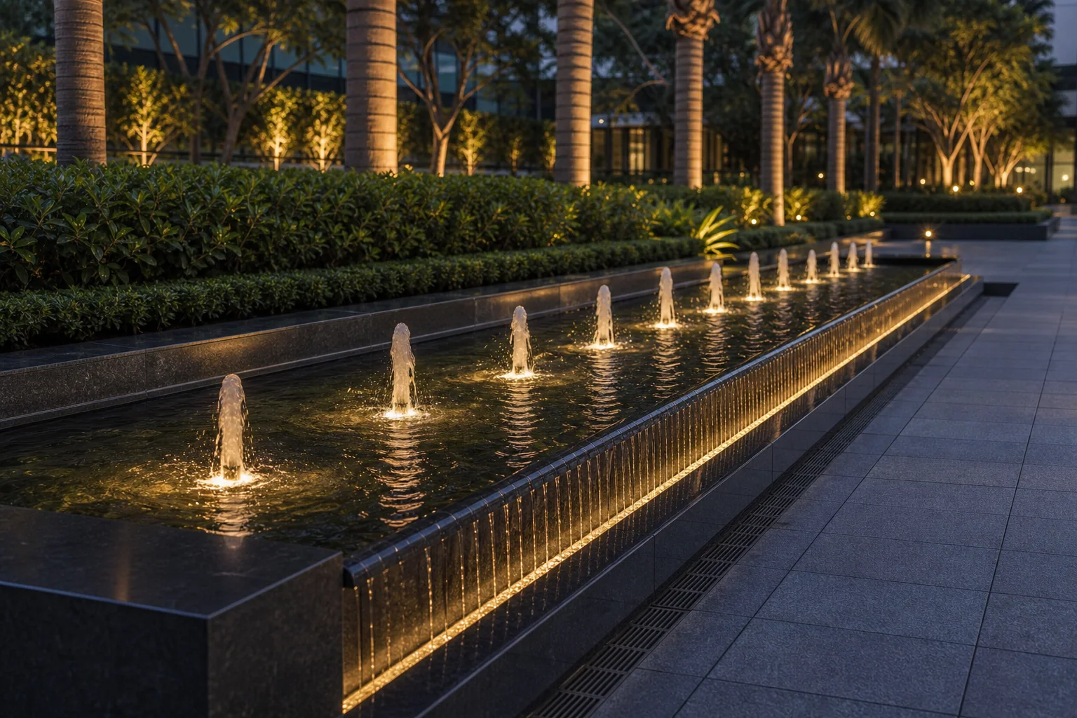 Linear rill water channel with granite paving and planter borders in a corporate campus landscape.