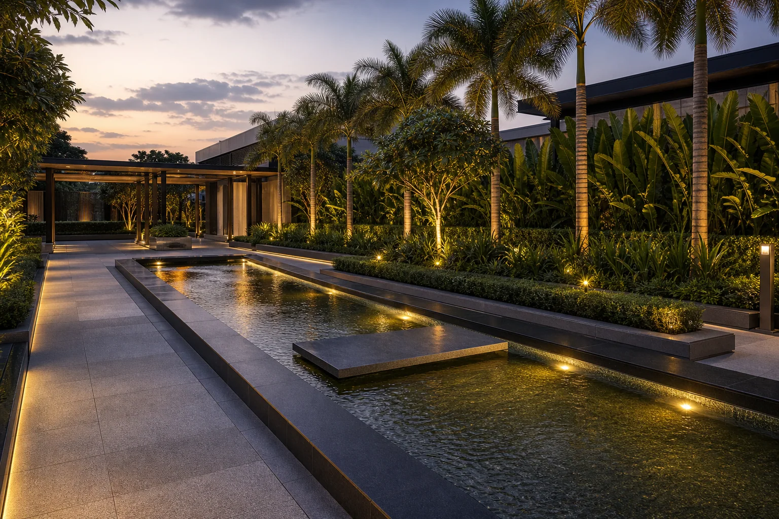 Illuminated water feature basin with landscape edging and uplighting at a commercial garden entry.
