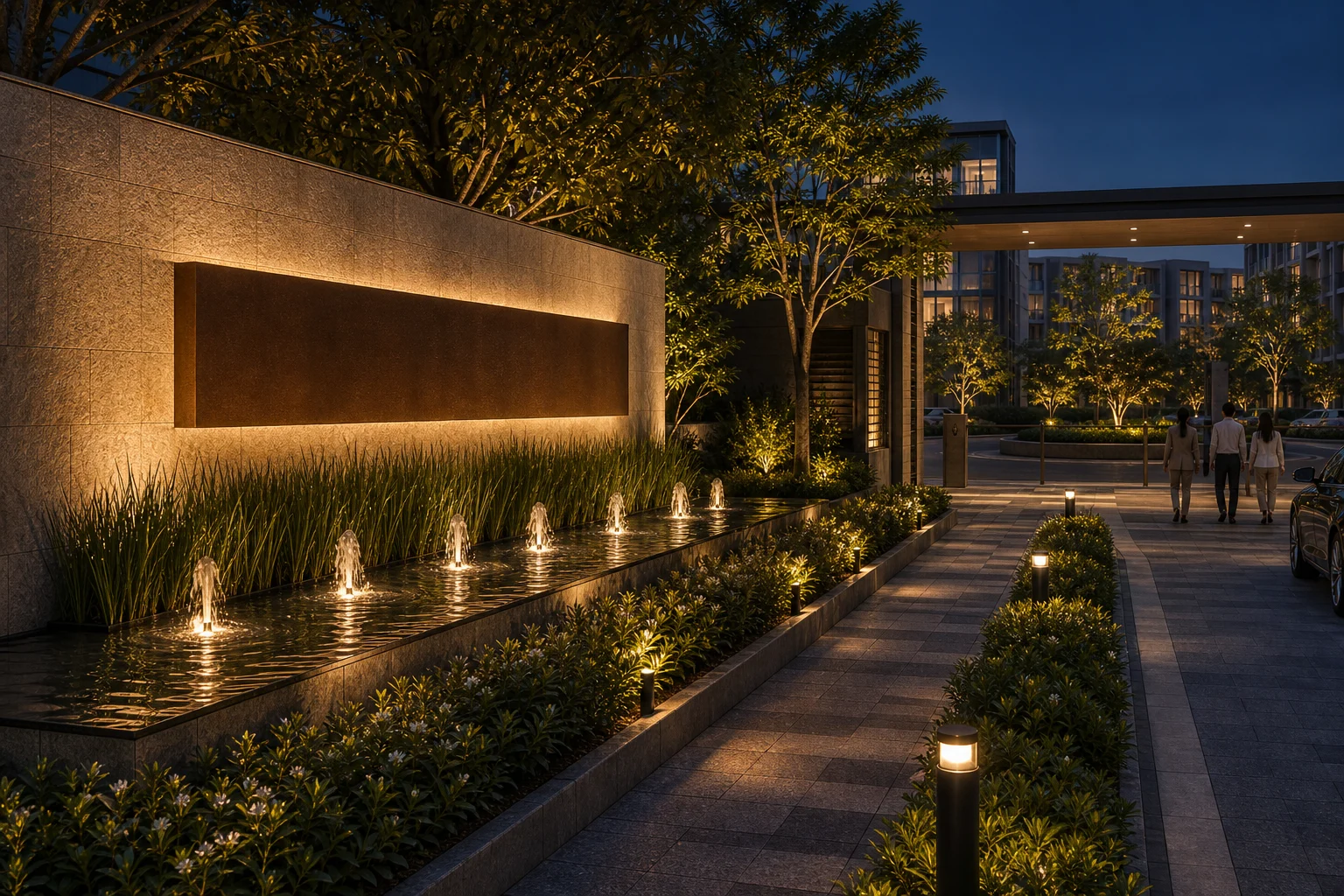 Lit water wall arrival