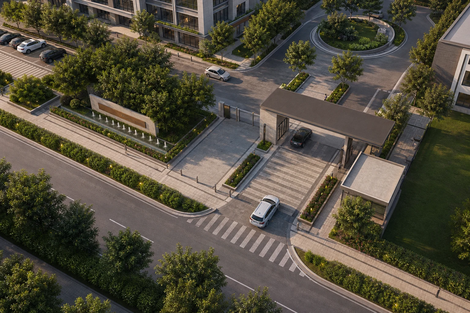 Aerial commercial entry landscape