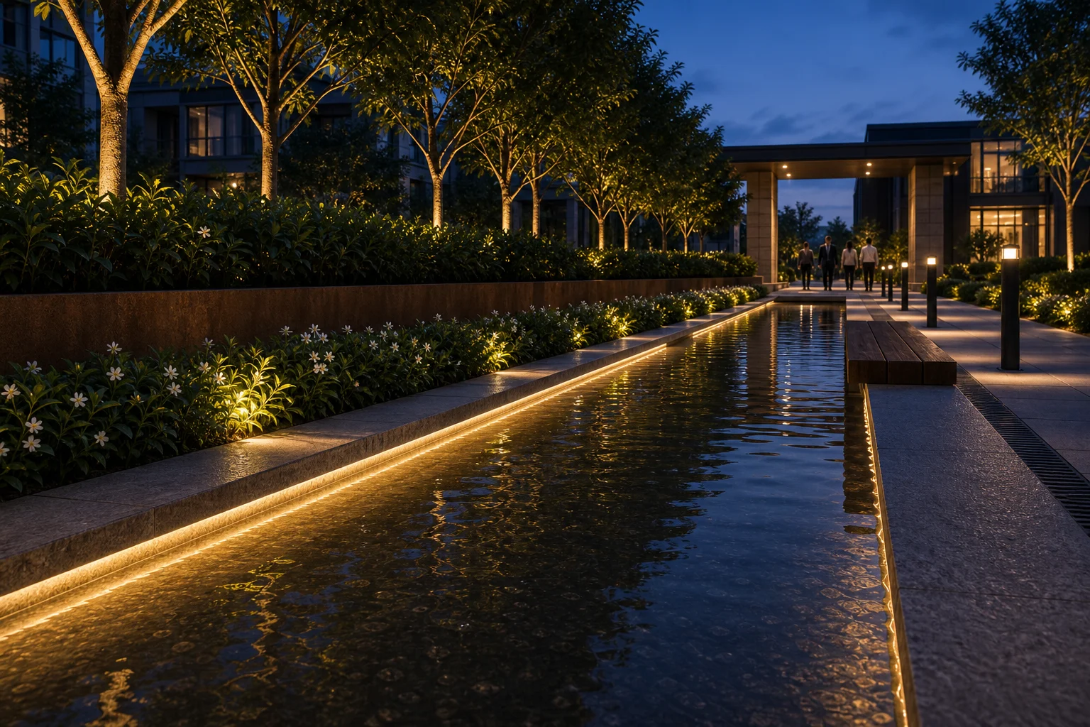Evening reflecting rill and path landscape visual