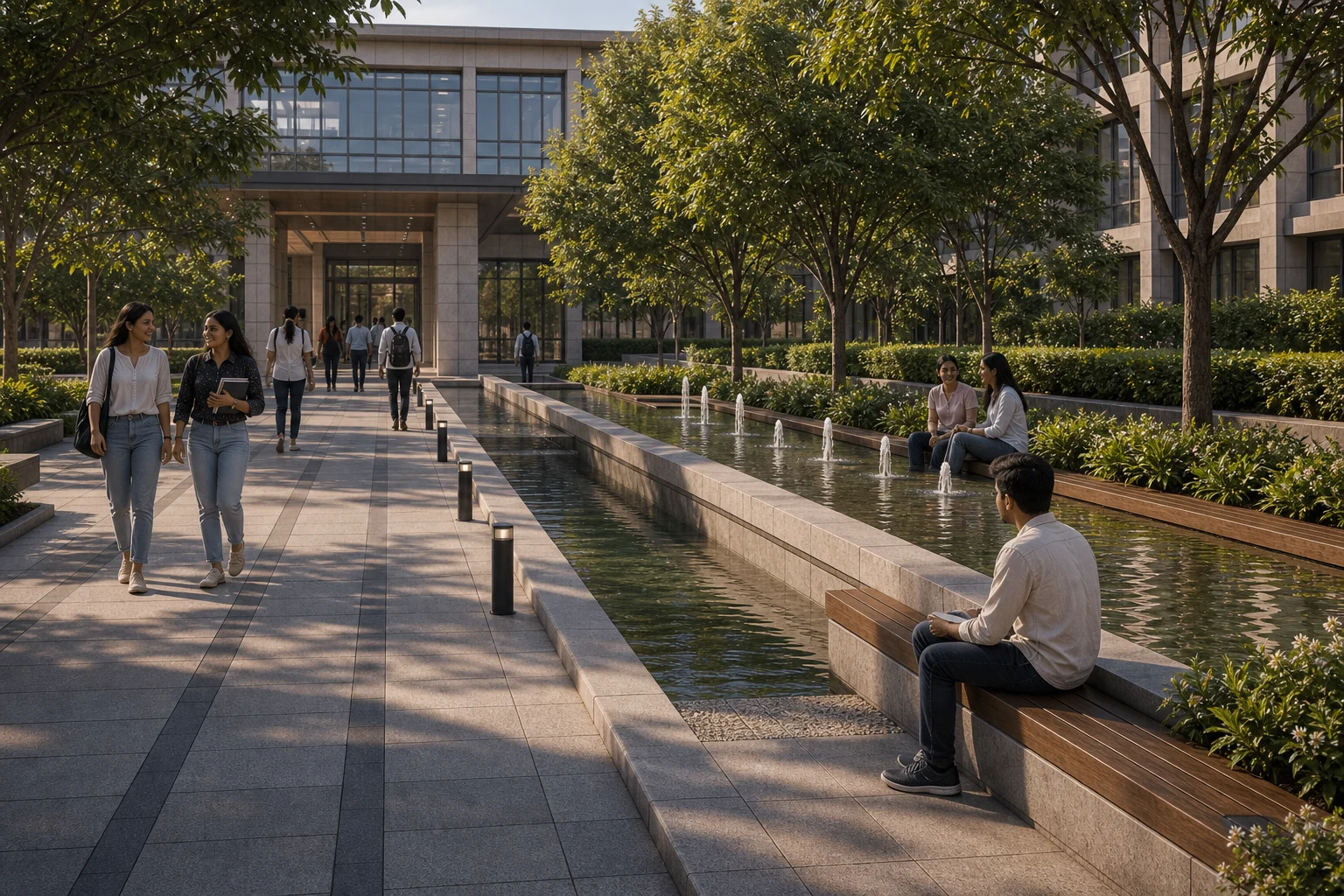 Campus promenade with water edge