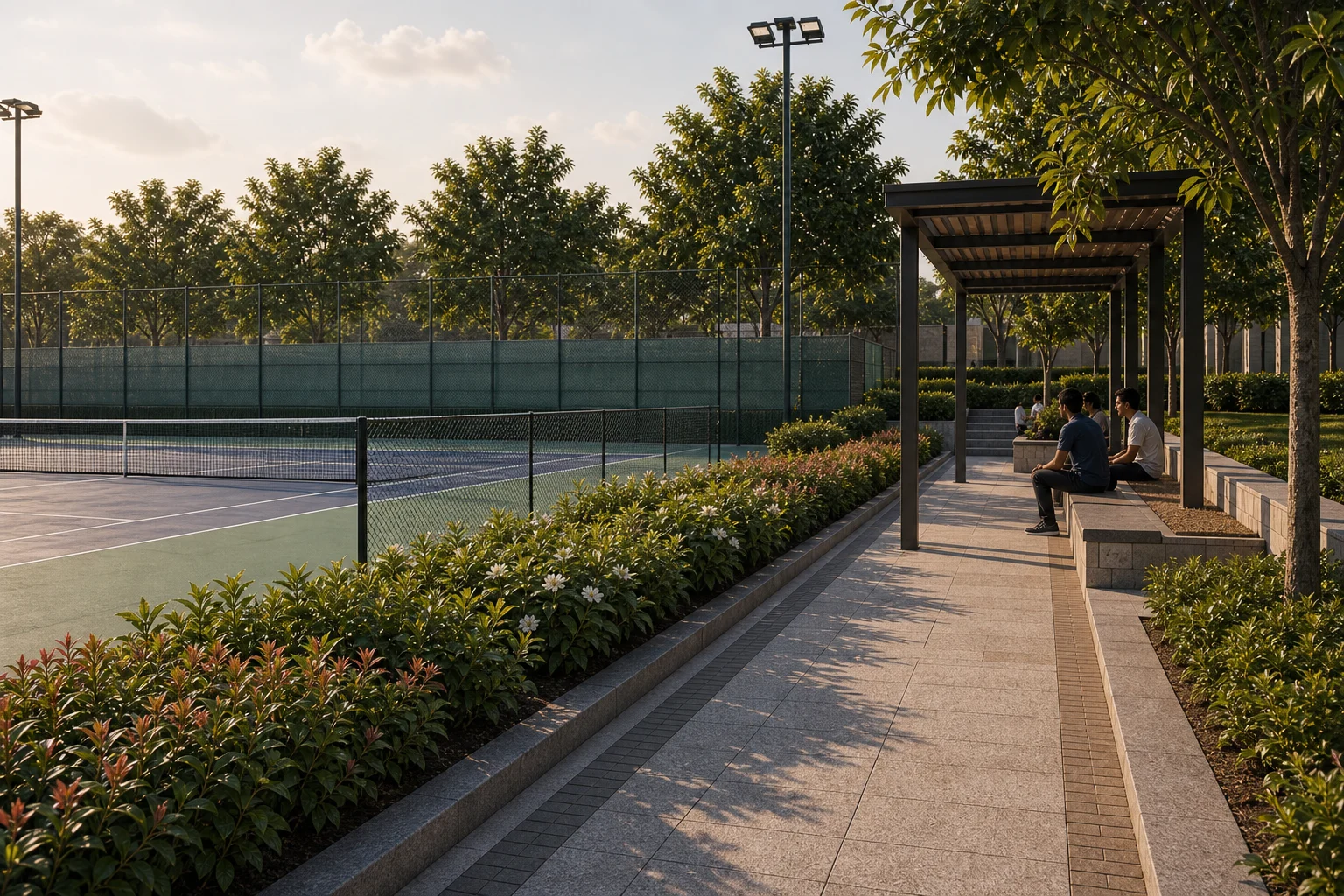 Sports court shaded walkway landscape visual